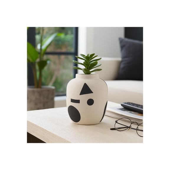 Ceramic Vase with Funky Pattern for Living Room Decor - Decorative Flower Vase for Dining Room, Bedroom, or Office Display - Boho Accent for House Decor and Entryway Table - 6", Ivory & Black