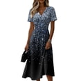 thumbnail image 3 of Women's Floral Print V Neck Dress Short Sleeve High Waist A Line Midi Casual Summer Outfit Flowy Lightweight Party Wear Vacation Boho Chic Black L, 3 of 6