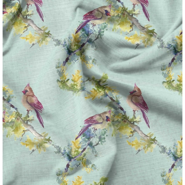 Soimoi Green polyester Crepe Fabric Bulbul Bird Print Sewing Fabric Yard 42 Inch Wide