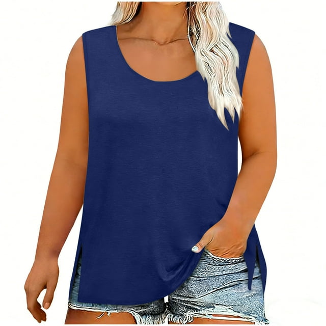 Roncen Camisoles en Coton Grande Taille pour Femmes Coupe Ample Été Sans Manches T-Shirt pour Dames Col Rond Tunique Fluide