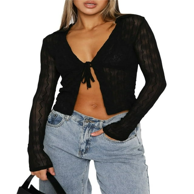 Cardigan à Manches Longues pour Femmes Décontracté Transparent Bandage Ouvert devant Hauts Courts Mode Urbaine Clubwear