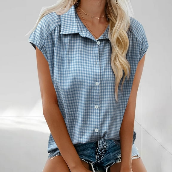 Karight Button Down Shirts for Women Cap Sleeve V-Neck Collared Blouse Summer Gingham Checkered Shirt Casual Cotton Shirts