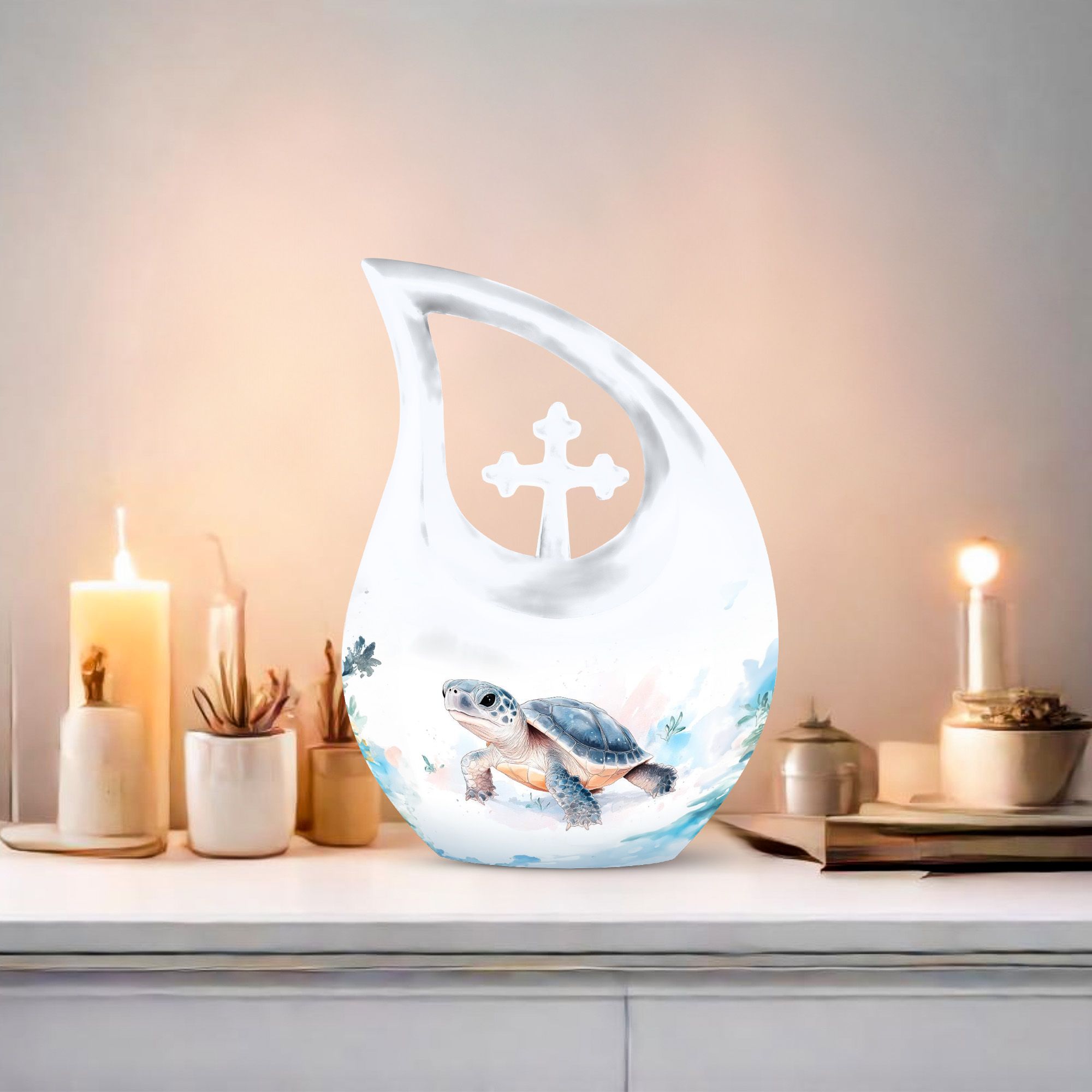 MUKTIVE Tortoise Memorial Large Urns for Human Ashes - Tear Drop Urns for Human Ashes - Large Adult Cremation Urn - White Funeral Decorative for Female & Male - 10 Inch