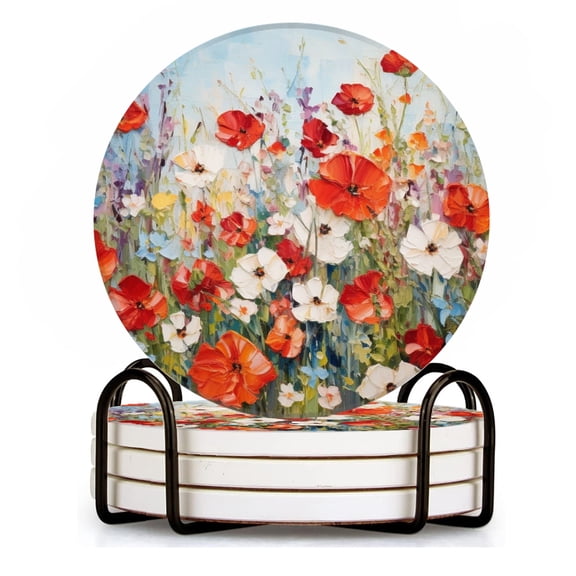BaHomeck Drink Coasters Set of 4 with Holder coloful wildflowers in full bloom Water Absorbent Ceramic Coasters Tabletop Protection,Suitable for Various Cup ,Home Decor