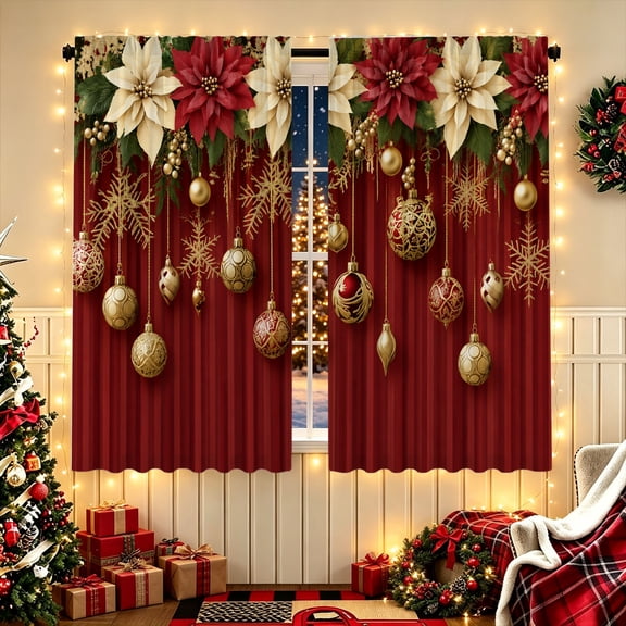 Christmas Red Gold Snowflake Print Polyester Kitchen Curtain, Multi‑Size, Cozy Holiday Decor for Kitchen & Bedroom