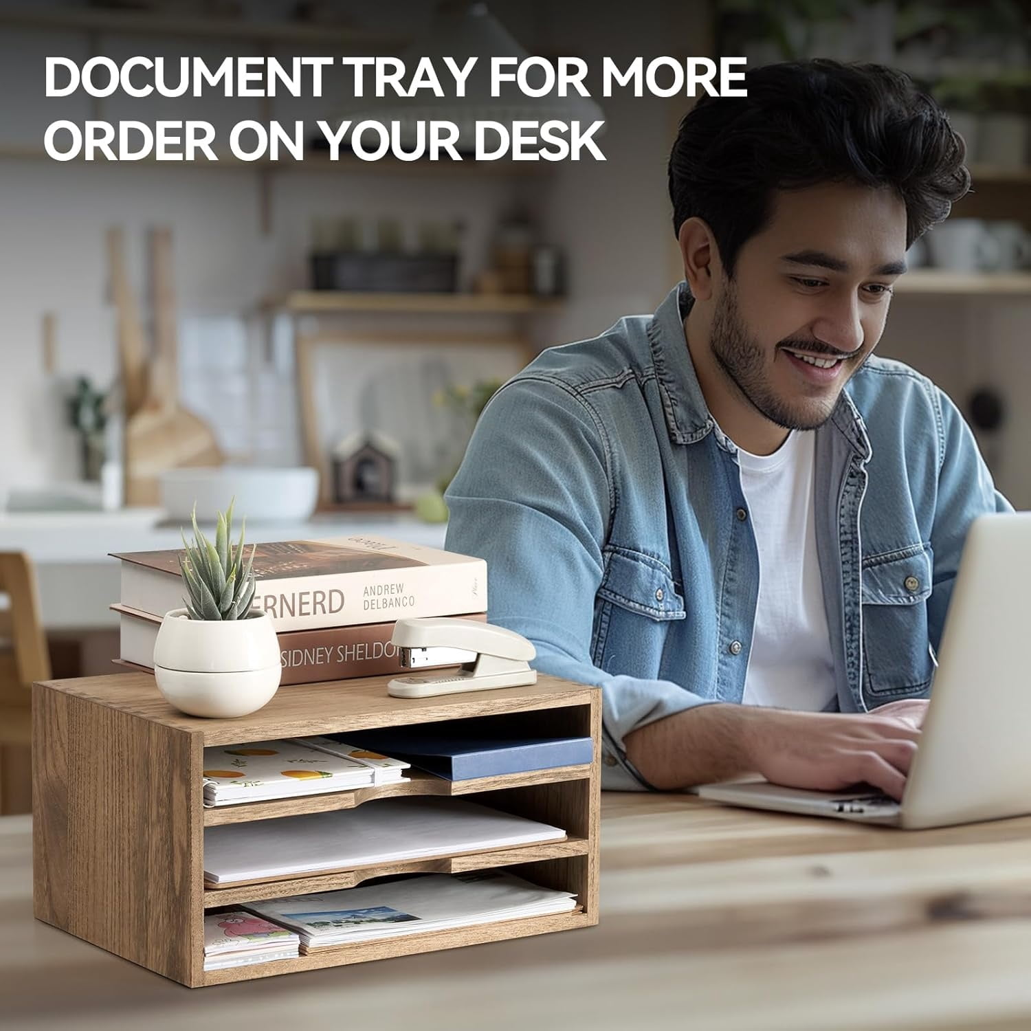 Wooden Desktop Organizer Paper Storage Letter Tray File Sorter - Desk Rack Magazine File Dividers Holders for Home Office Accessories with 3 Layer Trays Dark Brown