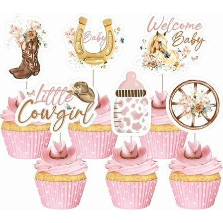 24 Pcs Little Cowgirl Baby Shower Cupcake Toppers - Pink Brown Western Decorations, Double Sided Wild West Cake Decor for Pregnancy Celebration Newborn Party