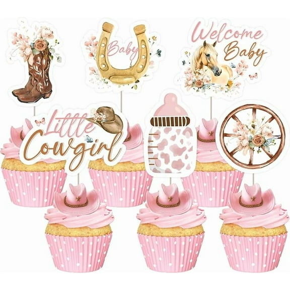 24 Pcs Little Cowgirl Baby Shower Cupcake Toppers - Pink Brown Western Decorations, Double Sided Wild West Cake Decor for Pregnancy Celebration Newborn Party