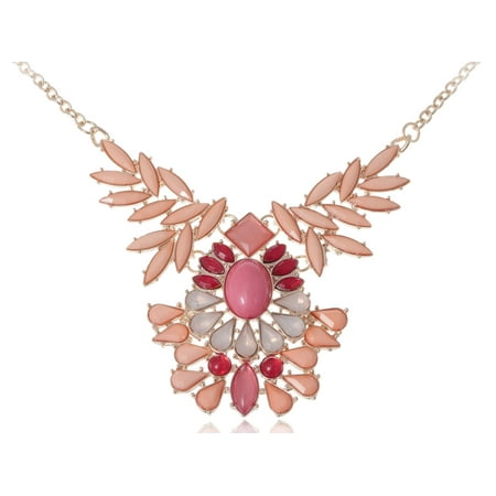 Bead Necklaces Patterns - Beautiful Golden Tone Peach Red Pink Beaded Tribal Bib Pattern Fashion Necklace