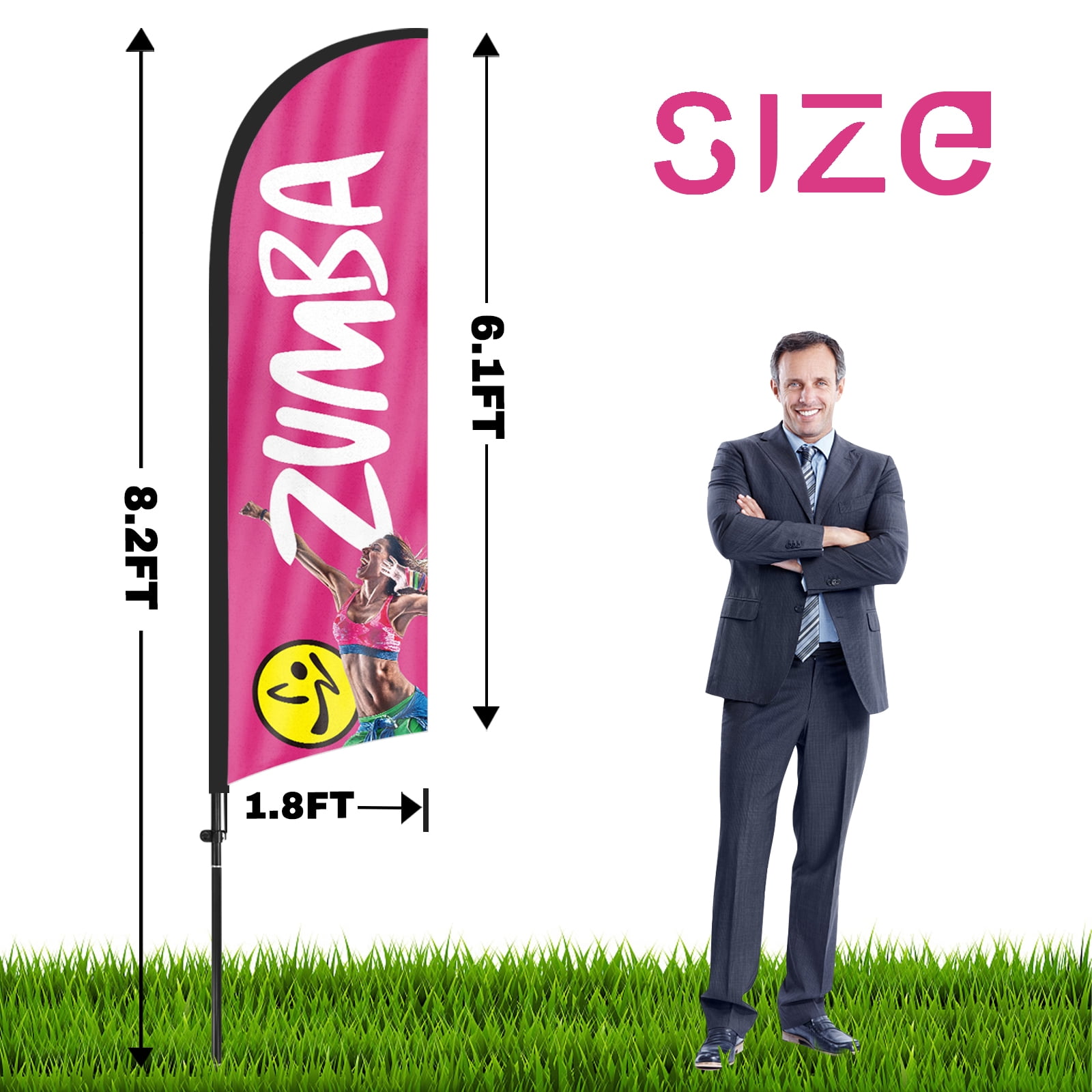 QSUM Zumba Feather Flag with Flag Pole Kit and Ground Spike, 8.2FT Zumba Fitness Exercise Windless Flag Banner Sign Business for Outdoor Advertising Sign Decoration Display