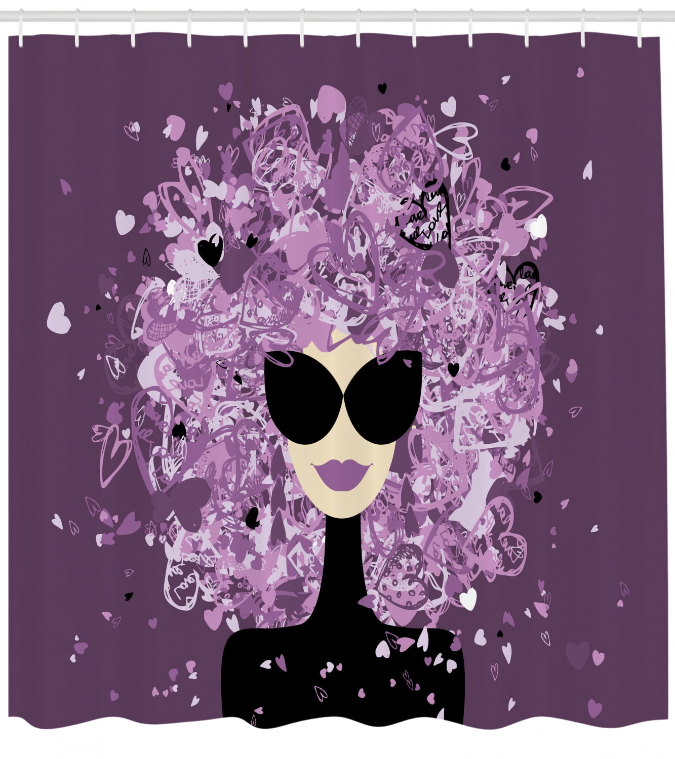 Afro Hair African Girl Pink Hearts Fabric Shower Curtain Set Bathroom Accessory