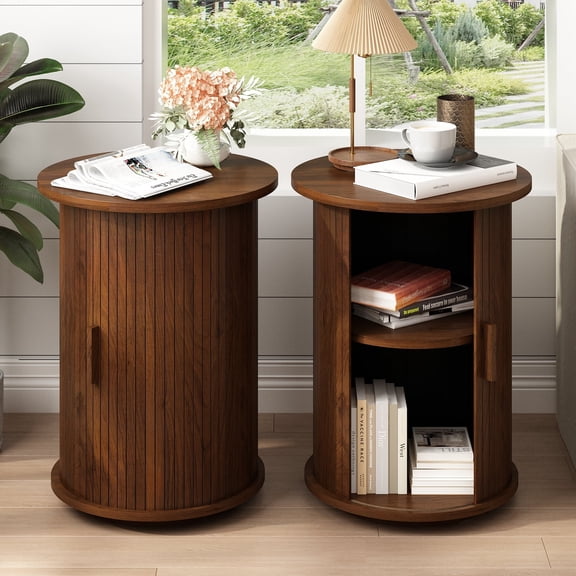 18'' Fluted Round End Tables with Sliding Door, Modern Side Table Nightstands for Living Room Bedroom, Walnut 1 Pcs