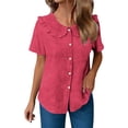 thumbnail image 4 of zbxnLI Women Casual Button down Blouses Tops Summer Short Sleeve Top Breathable Comfort Loose Ruffle Neck Outfits, 4 of 6