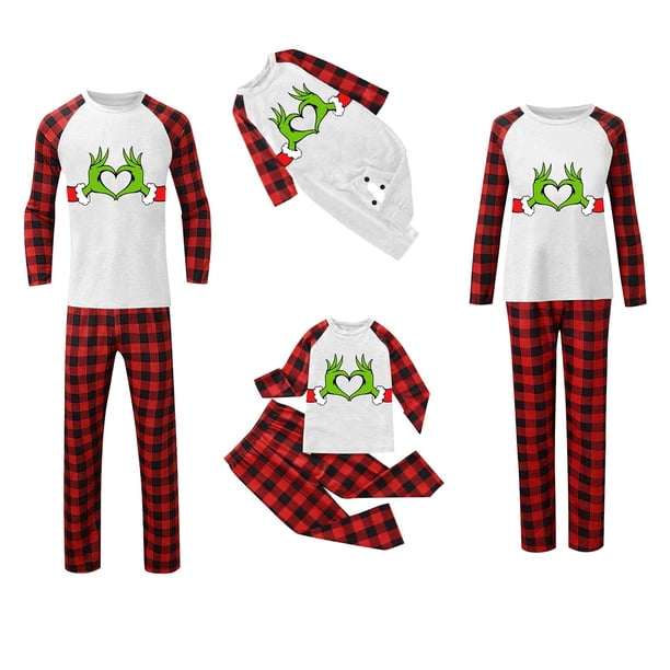 Conjuntos de pijamas navideños familiares a juego Grinch 2024, pijama de Grinch con parte superior y pantalones de pijama a cuadros, pijama de Grinch para niños y adultos para la familia, Mujer XXXL
