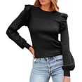 thumbnail image 1 of Pulls d'Automne pour Femmes 2023 Graphique Volants Longueur Épaule Manches Longues Pull Col Rond Ajusté Automne Haut Côtelé Noir, 1 of 5