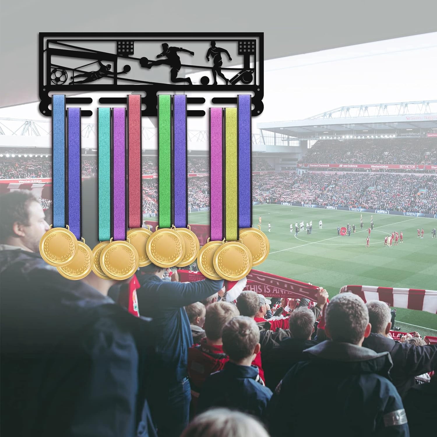 1 Set Medal Display Hanger Holder 15.7" Football Medal Holder Awards Ribbon Hanger Medal Display Wall Rack Sports Medal Hanger Display for Sports Athletes Football Soccer Awards Cheer