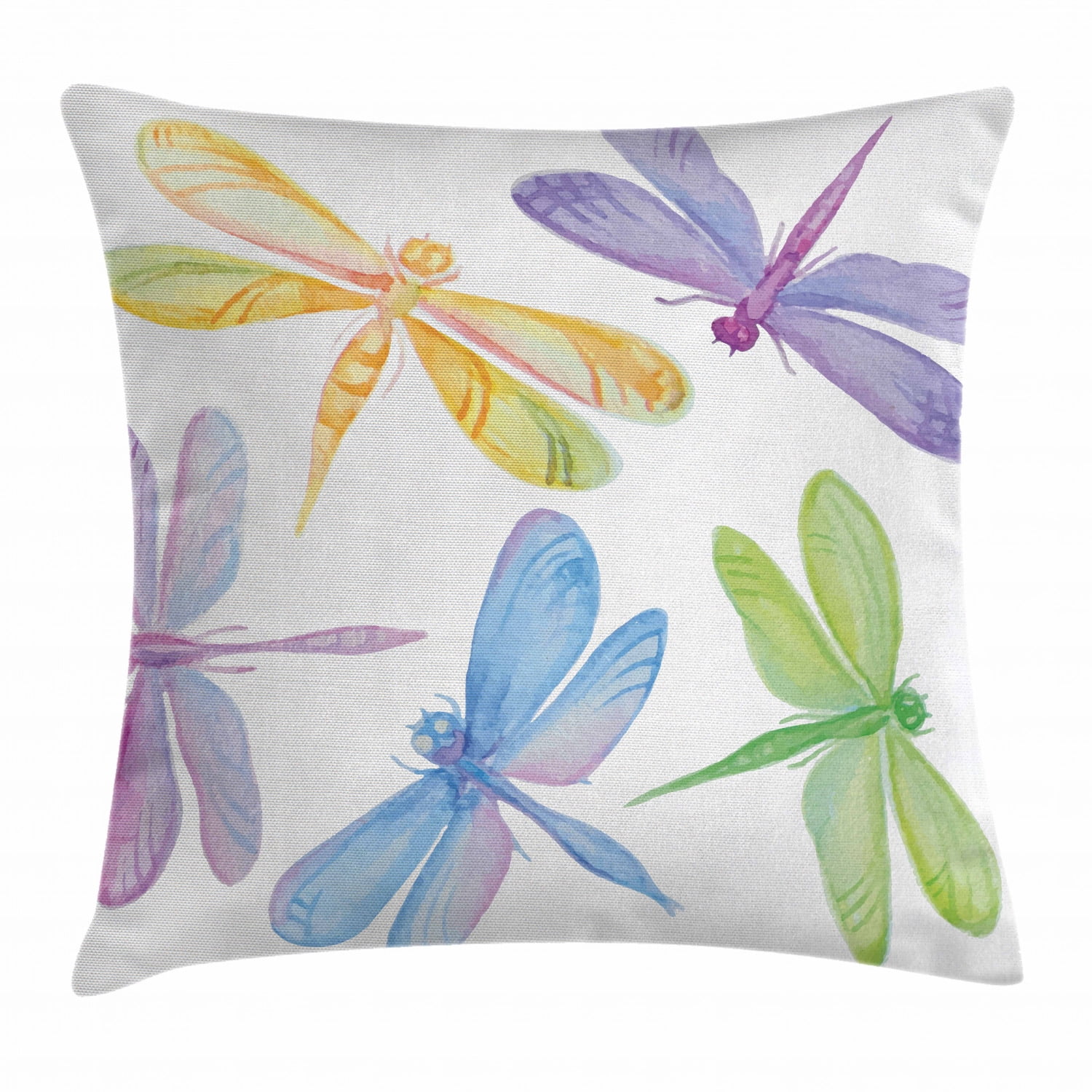 Dragonfly Throw Pillow Cushion Cover, Colorful Watercolor Winged Bugs