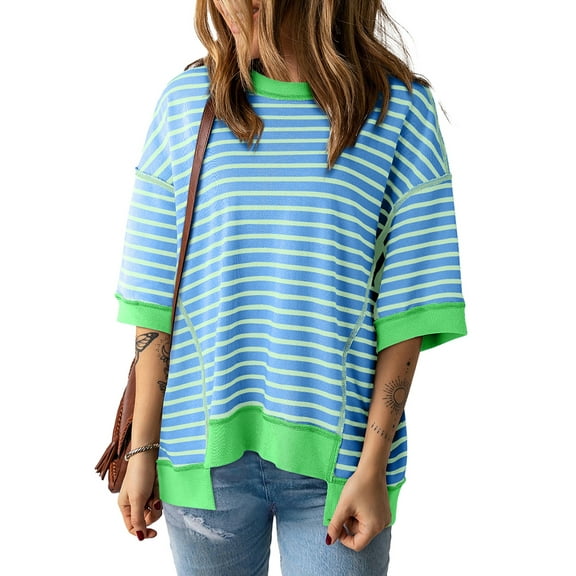 Loliuicca Women Short Sleeve T-Shirts Contrast Color Stripe Round Neck Shirts