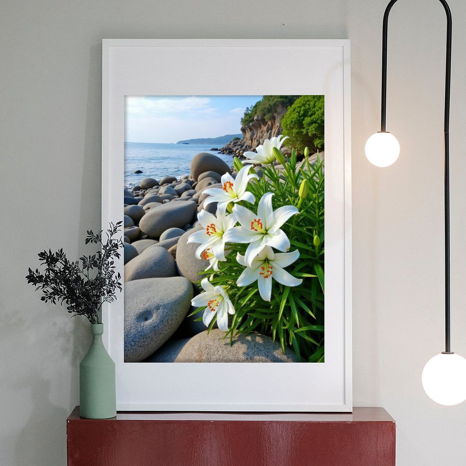 Diamond Art Kit for Adults, White Lilies Coastal Rocks Ocean Diamond Painting for Adults Beginners, 5D DIY Diamond Art Painting Kits, Colorful Diamond Painting Craft for Home Decor 12x16 Frameless