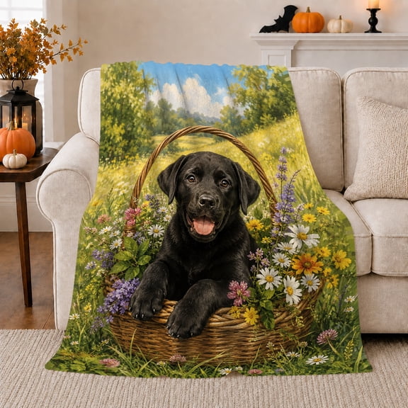 Autumn Harvest Labrador Retriever Puppy Flower Basket, Cozy Pet Portrait Pattern, Warm Flannel Blanket for Ranch House and Living Room, Dog Lovers Thanksgiving Gift, Pet Lover Home Decor
