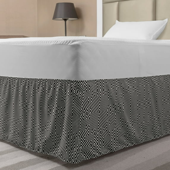Abstract Bed Skirt, Geometric Maze Like Layout of Symmetric Stripes Graphic Structure, Elastic Bedskirt Dust Ruffle Wrap Around for Bedding Decor, 4 Sizes, Dark Grey and Eggshell, by Ambesonne