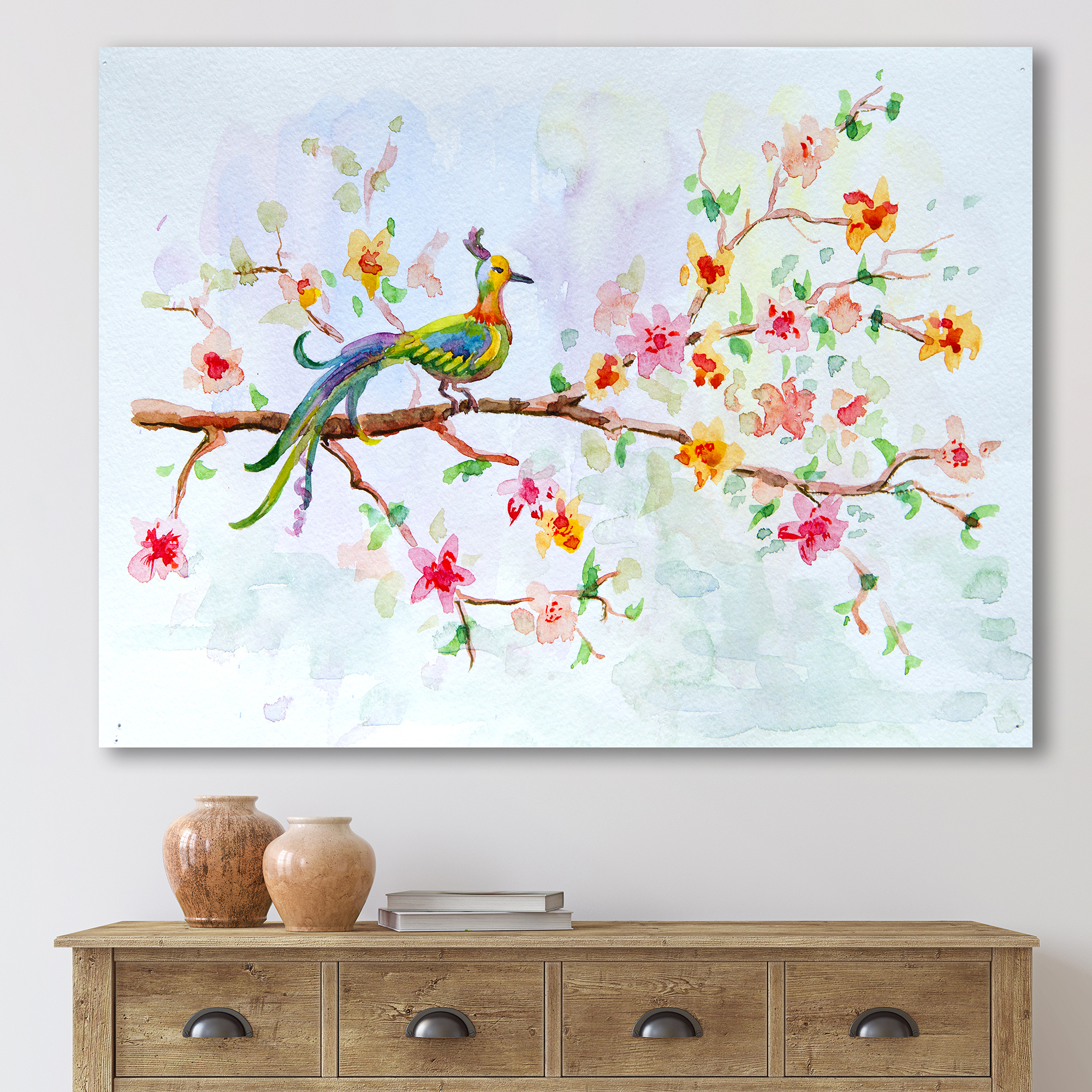 Designart ' Little Bird Sitting On Blooming Branch ' Traditional Canvas Wall Art Print
