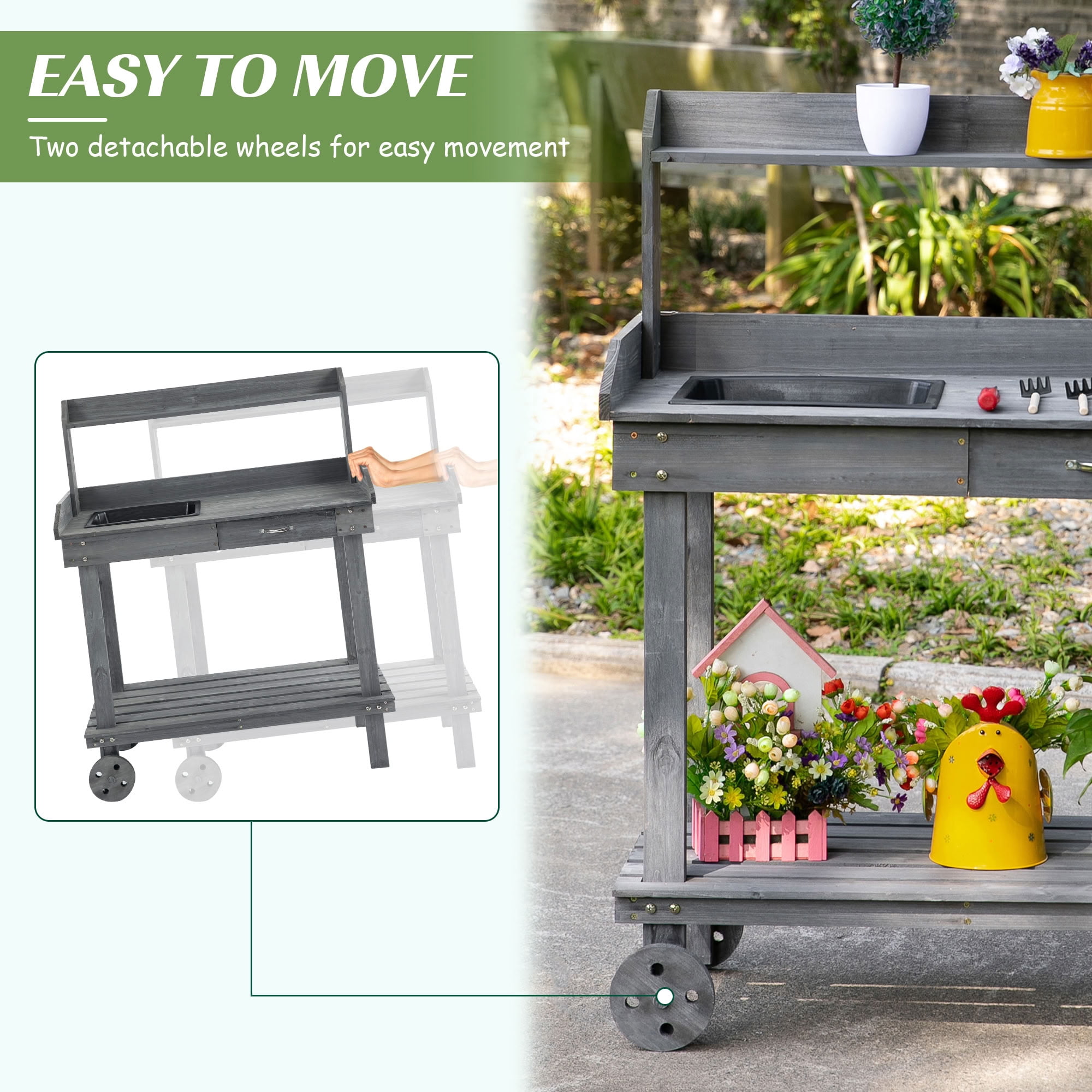 MAYEERTY 36" Wooden Potting Bench, Outdoor Garden Workstation with Removable Wheels, Sink, Drawer for Backyard, Patio, Deck