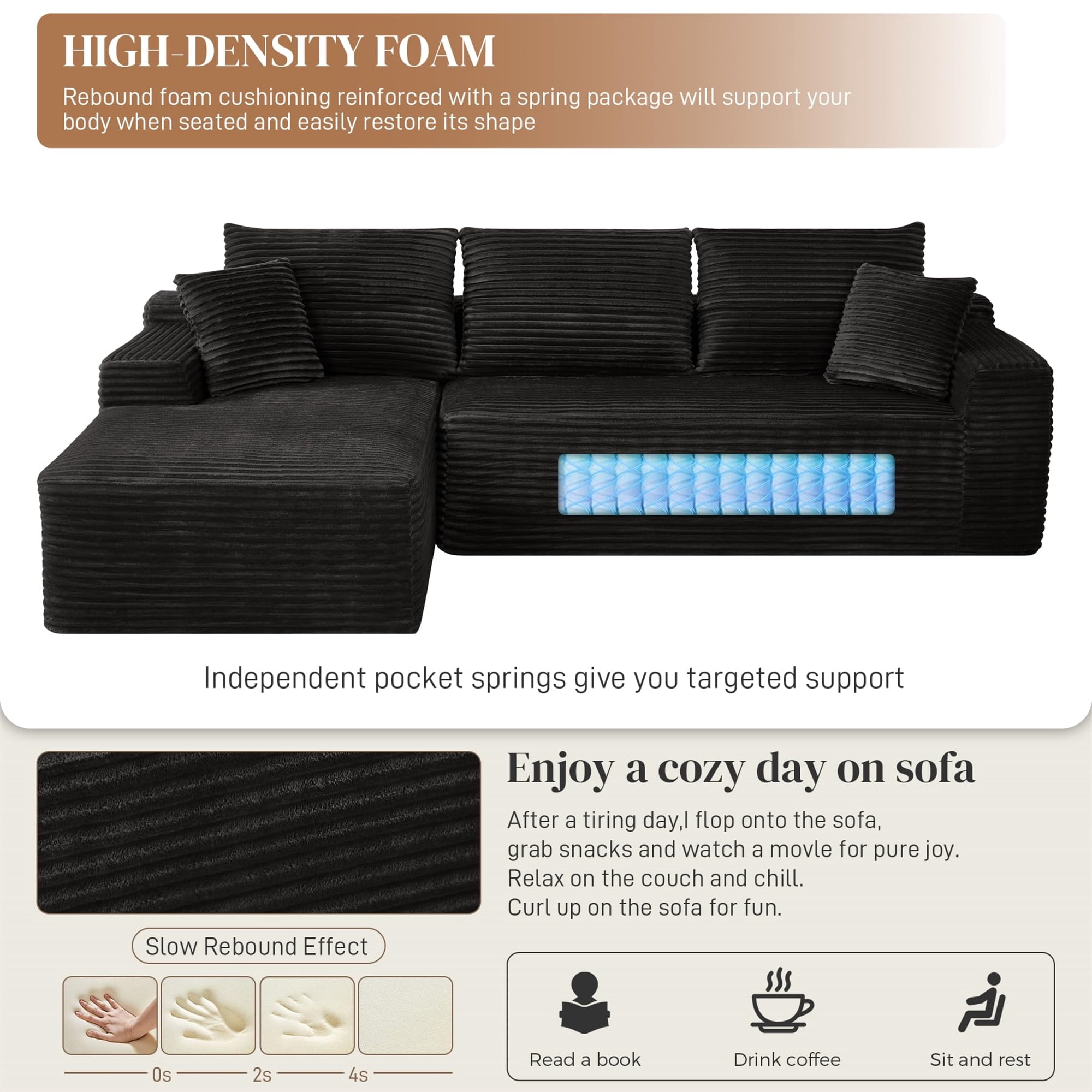 Aukfa 108" Cloud Sectional Sofa Deep Seat Boneless Couch Modular L-Shaped Couch, Left Chaise Corduroy Sofa for Living Room, Black