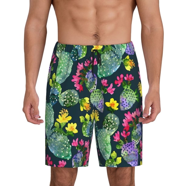 Balery Watercolor Cactuses Pantalones cortos de pijama de punto de algodón para hombre con cinturilla y bolsillos-Small