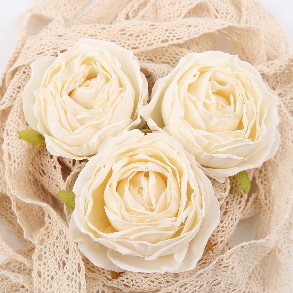 White Roses Artificial Flowers Heads Bulk, Vintage Dried Flowers Artificial Rose Heads Silk Fake Rose for Wedding Centerpieces for Dining Table Decor Wall Flowers Decorations (Off White)