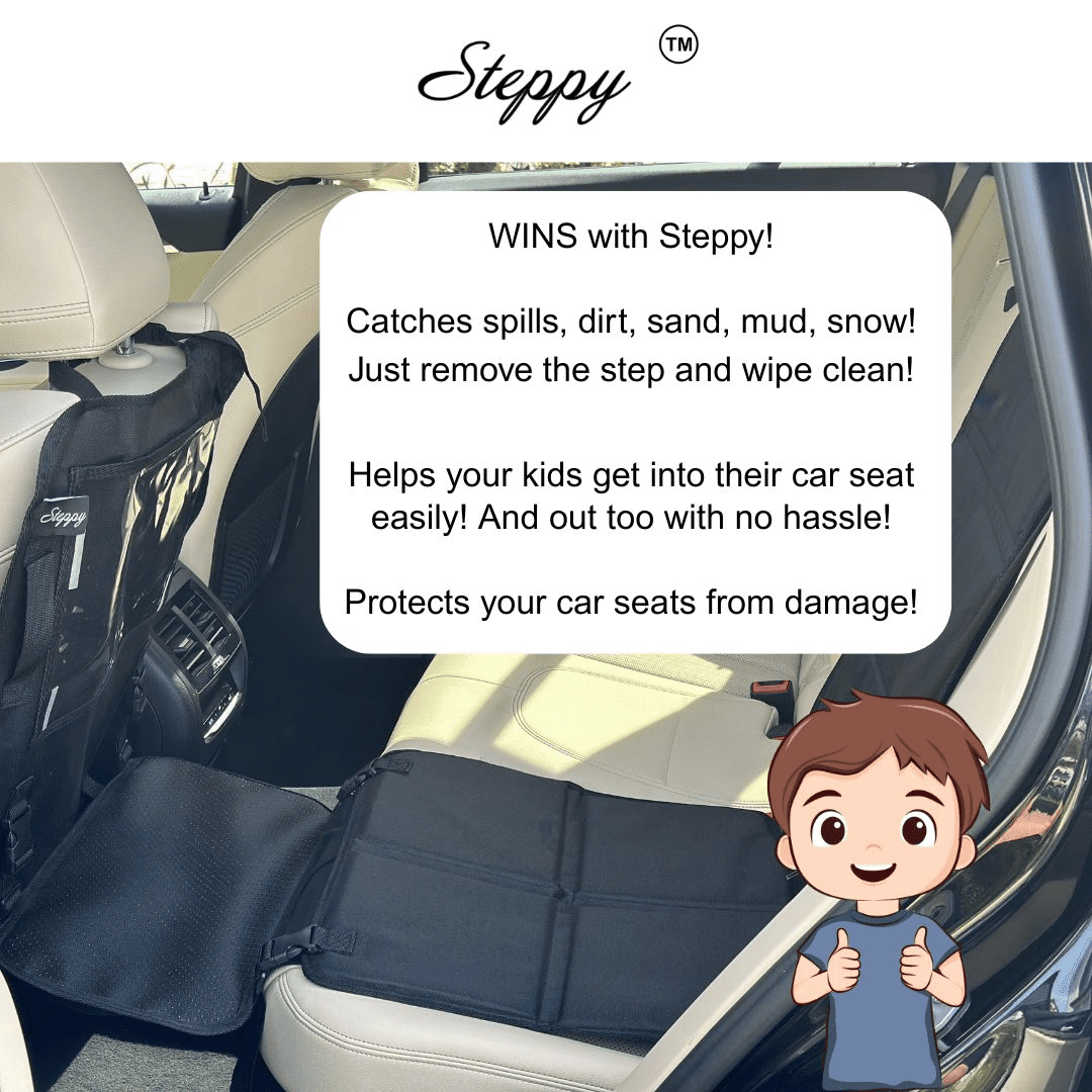 Steppy, car seat step for kids ages 2-7 years old, holds up to 60 lbs, foot rest, protector mat, oxford material, tablet holder