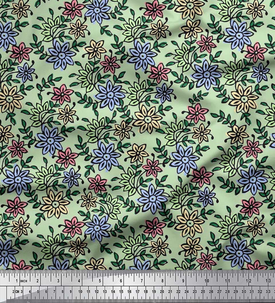 Soimoi Poly Georgette Fabric Leaves & Floral Block Printed Craft Fabric by The Yard 42 Inch Wide
