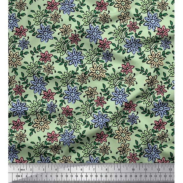 Soimoi Rayon Fabric Leaves & Floral Block Print Sewing Fabric Yard 56 Inch Wide