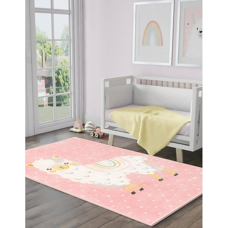 Unique Loom Llama Whimsy Kids Rug Pink Light Blue 3 11