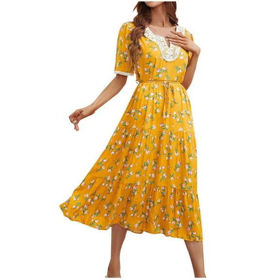 Summer Beach Dresses for Womens 2025 Plus Size Fashion Fallow Short Sleeve V-Neck Lace Printing Dress