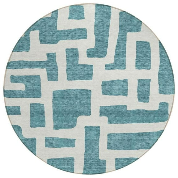HomeRoots 593898 8 ft. Teal Blue & Ivory Round Abstract Washable Indoor & Outdoor Area Rug