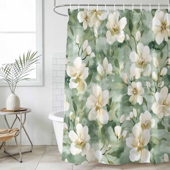 Sage Green Spring Floral Waterproof Fabric Shower Curtain,Summer Botanical Farmhouse Waterproof Fabric Shower Curtain for Bathroom Curtains Bathtubs Hotel Shower Curtains with 12 Hooks Stall 48x72in