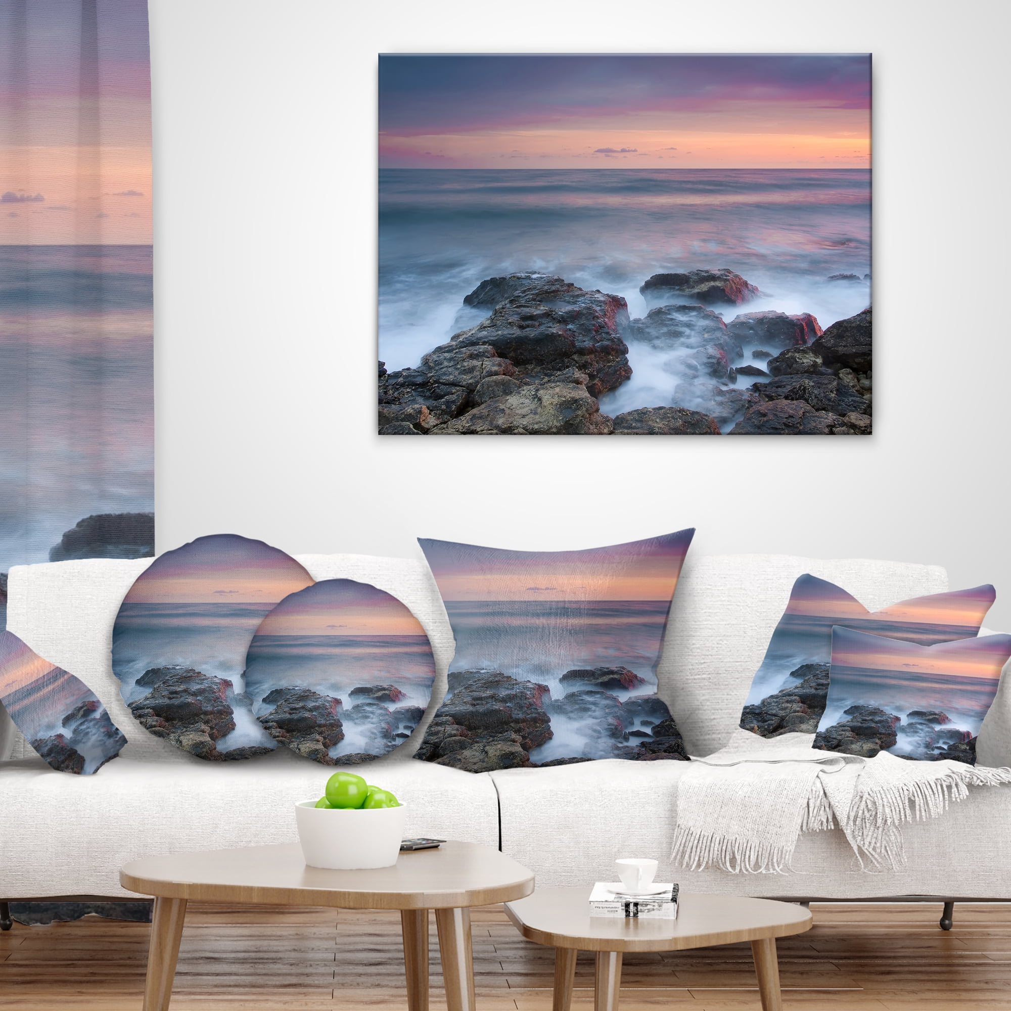 Designart Blue Rocky Sea Beach Sunset - Modern Landscape Printed Throw Pillow - 16x16