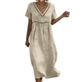 thumbnail image 2 of ClodeEU Women's Linen Blend V Neck Short Sleeve Tiered Ruffle Midi Dress,Casual Loose Boho Beach Sundress Beige,Women's Plus L, 2 of 8