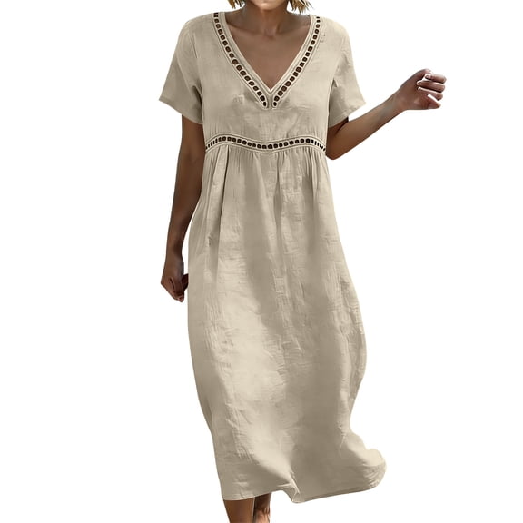 Dvprdro V Neck Cotton Linen Short Sleeve Tiered Maxi Dress for Women 2026 Summer Flowy A Line Beach Solid