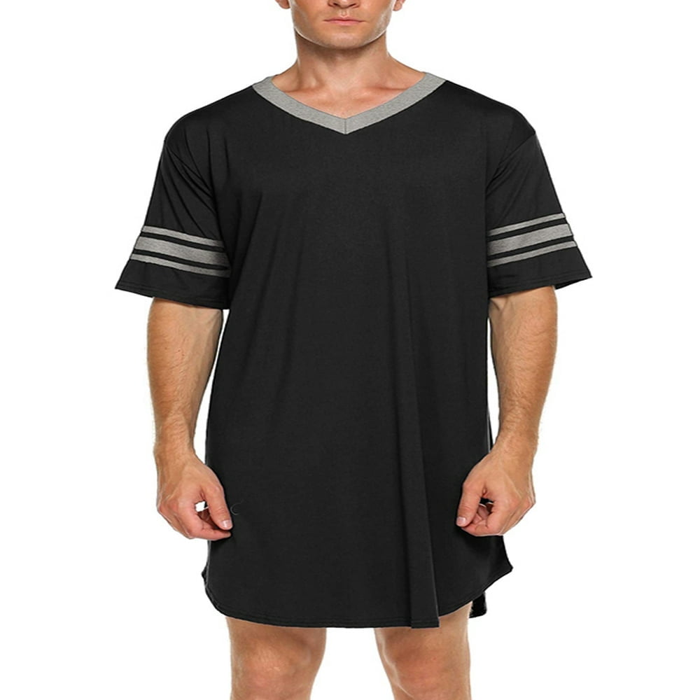 Men Cotton V-Neck Sleep Shirt Loose Nightshirt Pyjamas