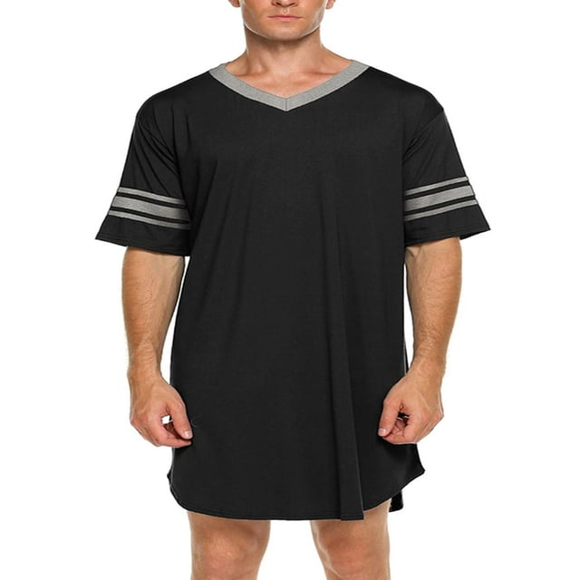 Men Cotton V-Neck Sleep Shirt Loose Nightshirt Pyjamas