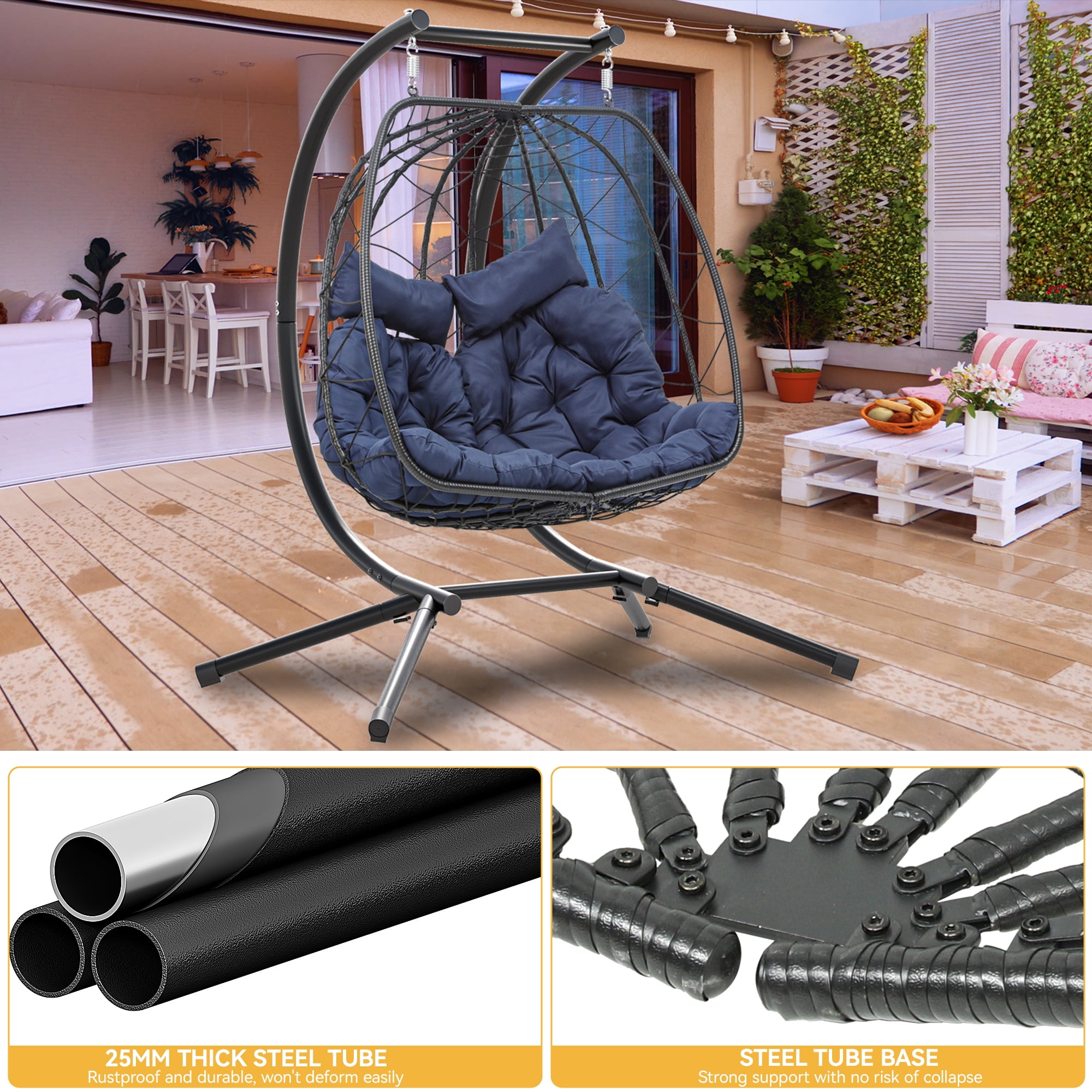 Dextrus Hanging Egg Swing Chair with Stand Double Egg Chair 2 Person Wicker Chair Indoor Outdoor Hammock Egg Chair with Cushions 500lbs for Patio, Bedroom, Garden and Balcony, Navy Blue