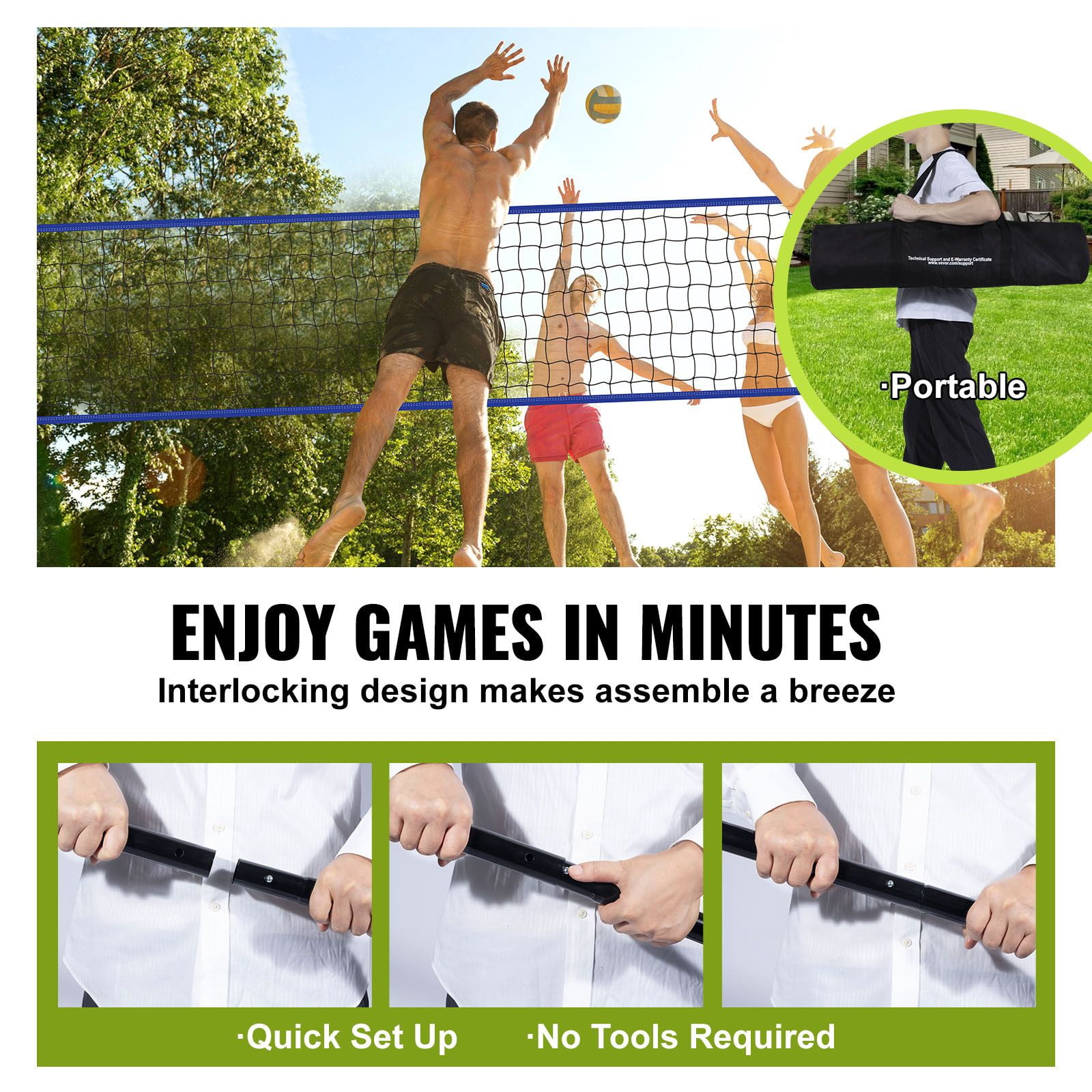 Outdoor Portable Volleyball Net System, Beach, Lawn Professional Volleyball Set with PVC Volleyball, Pump, Carrying Bag, Adjustable Height Steel Poles,Heavy Duty Volleyball Net for Backyard