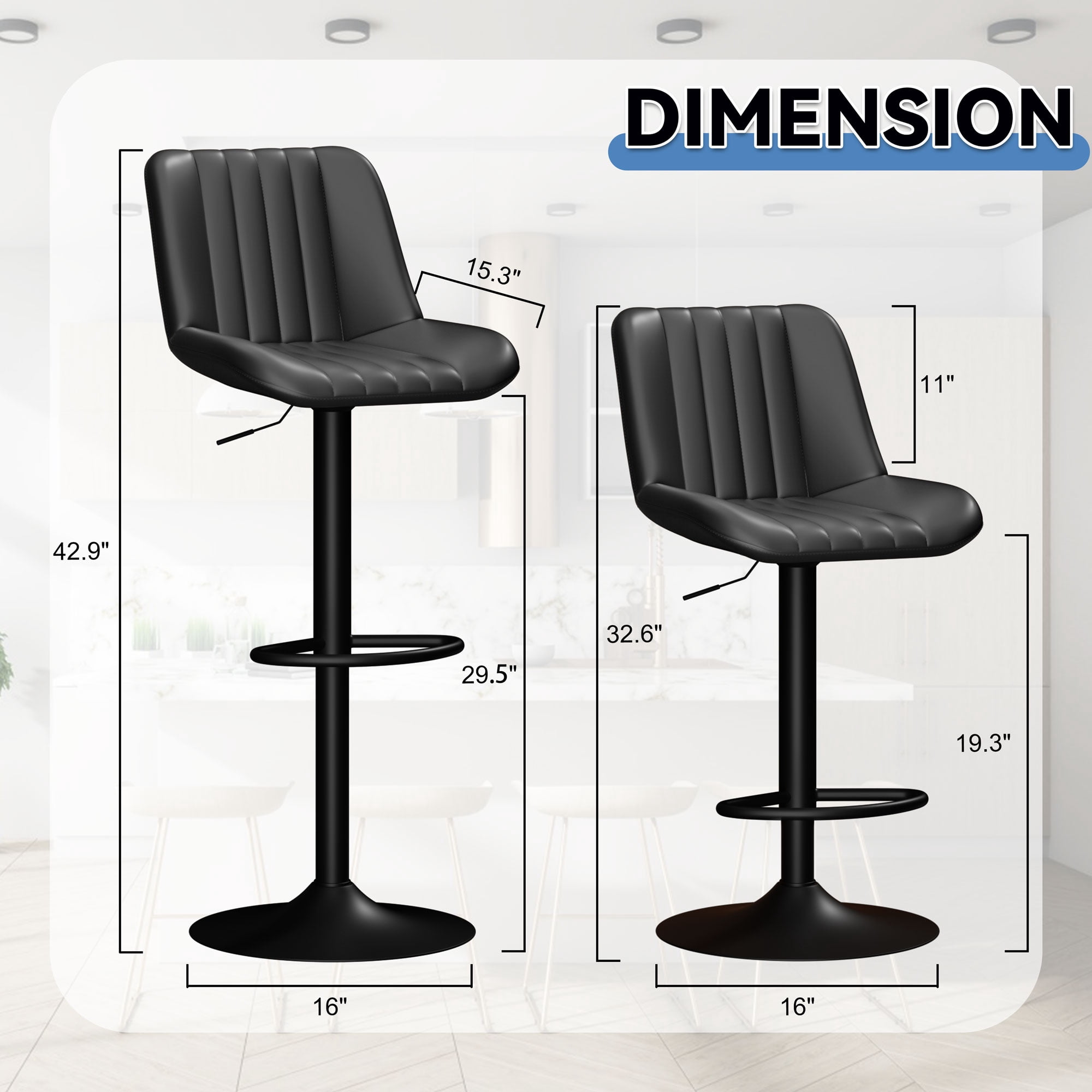 Walsunny Adjustable Bar Stools Set of 4 Leather Upholstered Swivel Counter Stools Counter Height Bar Stools with Large Base, Room Bar, Black