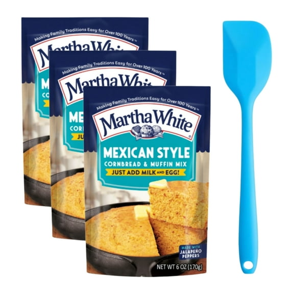 Martha White Mexican Cornbread Mix, 6 Oz Pouch (3 pack) and 8in Silicone Spatula (Color Varies)
