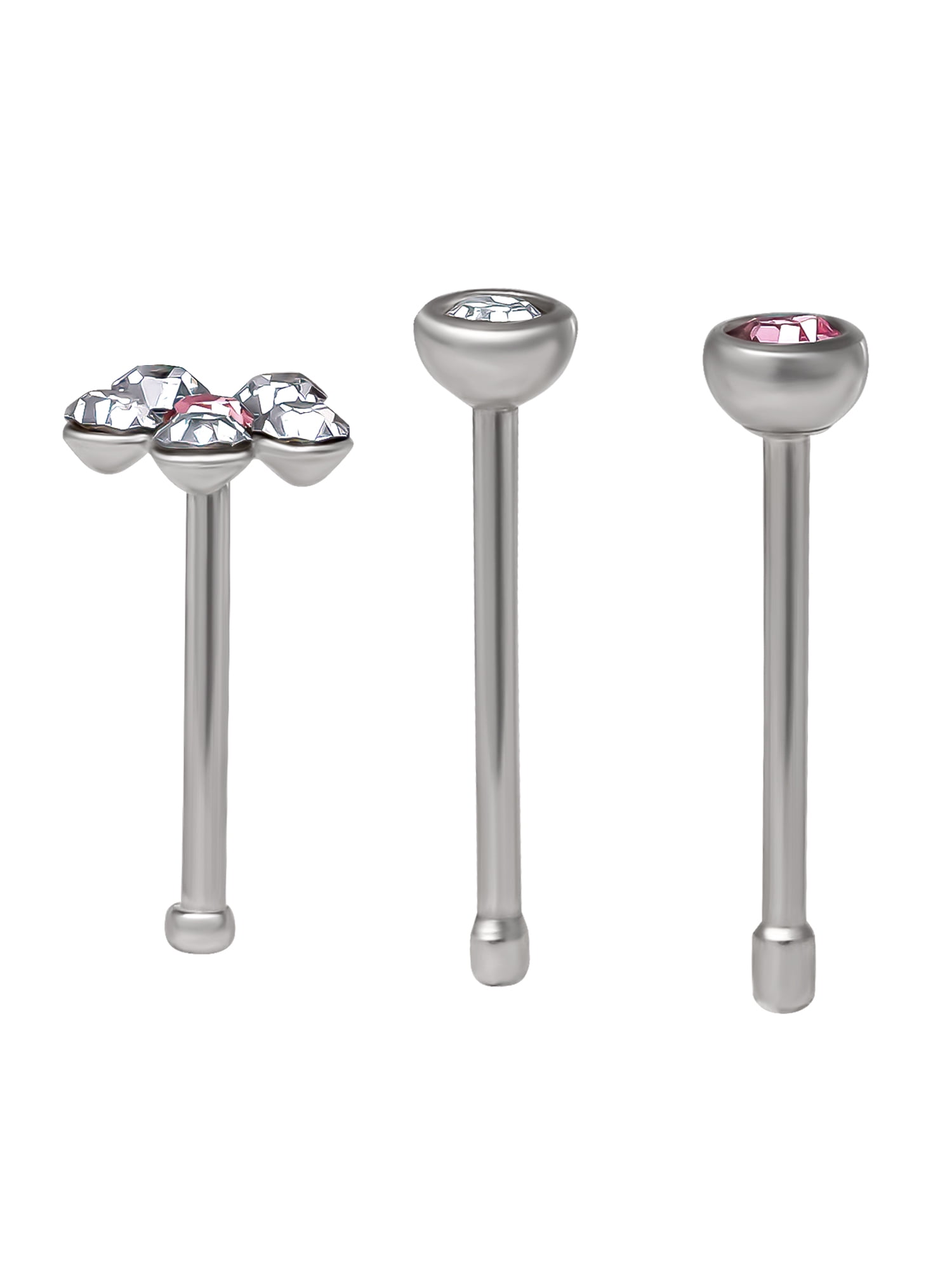Women's Trio of Stainless Steel Flower Nose Studs with Crystal Accents, 3-Pack
