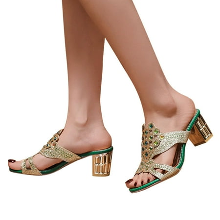 

HIBRO Sandals For Women Ladies Chunky Heel High Heel Fish Mouth Casual Bohemian Beach Shoes Rhinestone Slippers