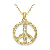 10K Yellow Gold Textured Peace Sign Charm Pendant Necklace with Chain for Women