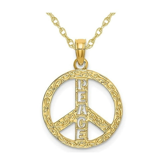 10K Yellow Gold Textured Peace Sign Charm Pendant Necklace with Chain for Women